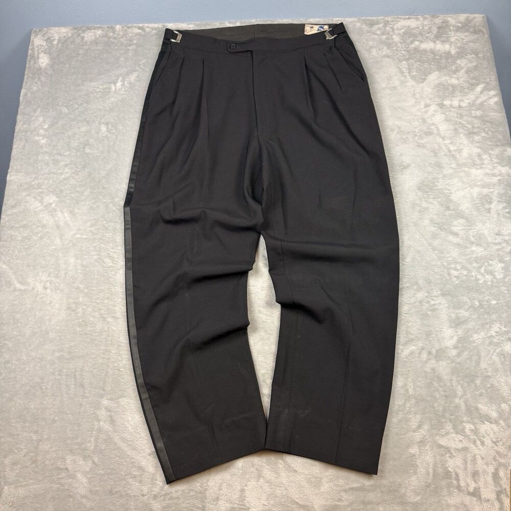 Vintage 1960s Broadway Tuxmakers Black Wool Tuxedo Pants Satin Side Stripe 38x30